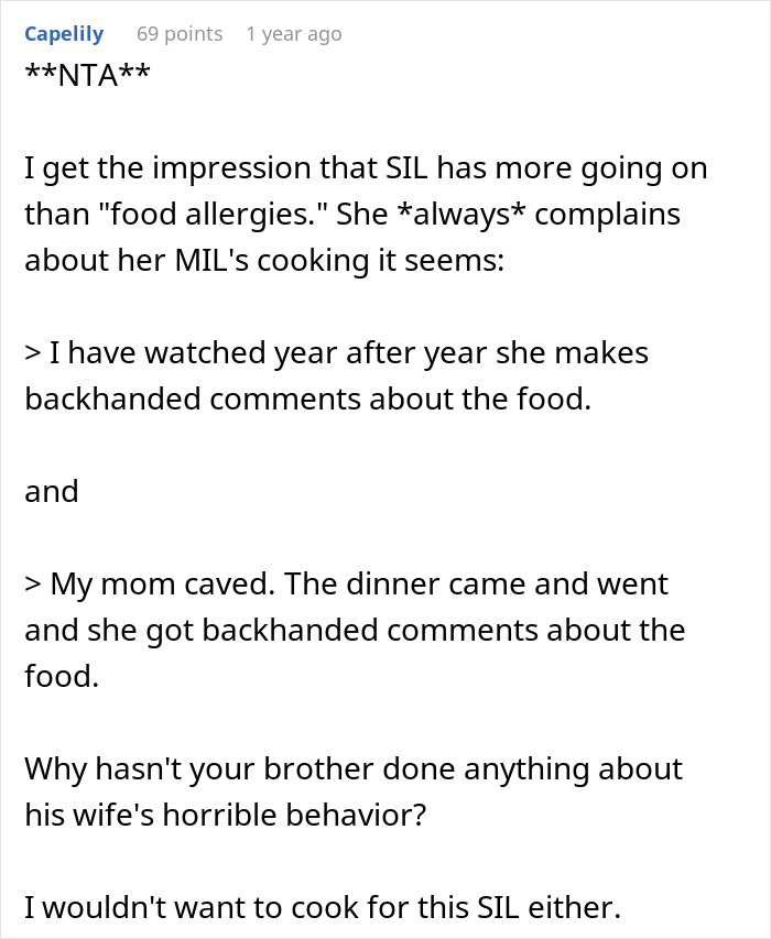 Reddit comment discussing a woman expecting family to cater to her allergies and facing backlash.
