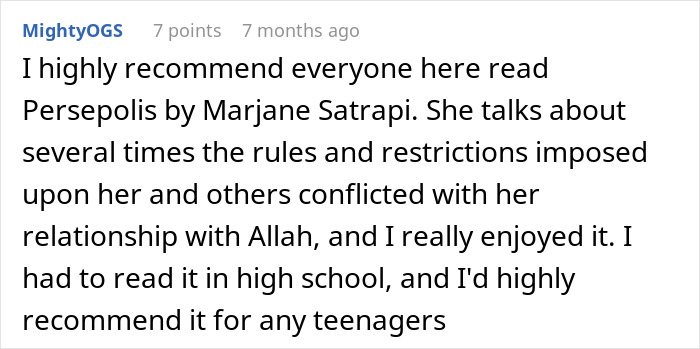 Comment recommending Persepolis by Marjane Satrapi, discussing rules, restrictions, and teenage perspectives on conflict and respect.