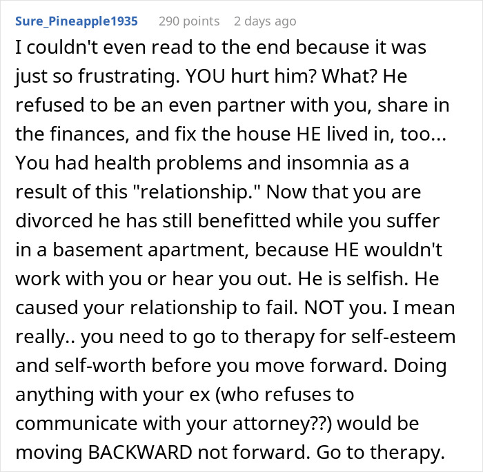 Text excerpt from an online comment discussing a woman&rsquo;s regret and reality check after a divorce and relationship struggles.