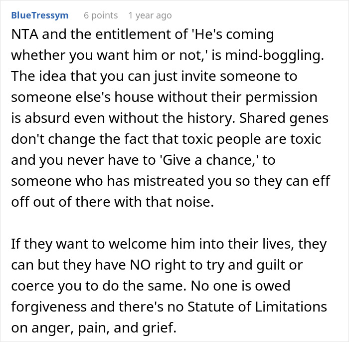 Comment discussing a sibling conflict where one kicks others out after revealing a surprise plan, highlighting toxic family dynamics.