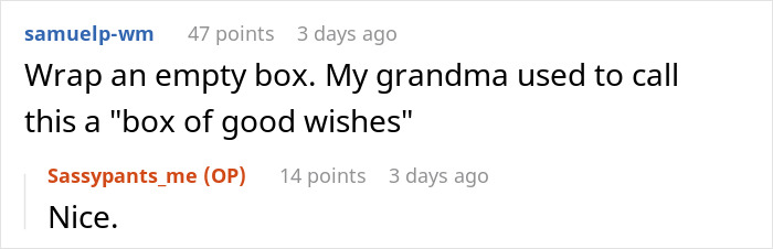 Screenshot of a Reddit comment thread where a user shares wrapping an empty box as a box of good wishes.