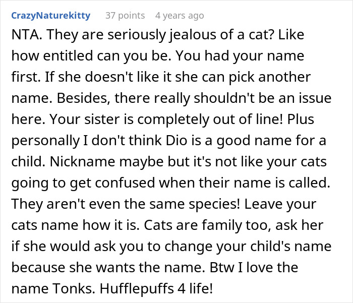 Comment addressing sister demanding family renames or rehomes 11-year-old cat due to shared name with her son. Comment addressing sister demanding family renames or rehomes 11-year-old cat due to shared name with her son.