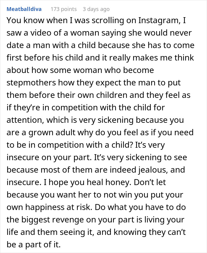 Comment discussing insecurity and jealousy of stepmothers competing with children for attention in family dynamics.