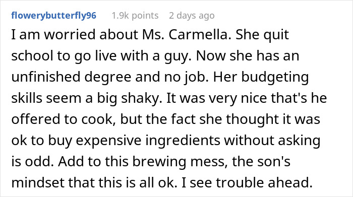 Comment about mom accused of embarrassing son's girlfriend who offered to cook meals amid budgeting concerns and relationship worries.