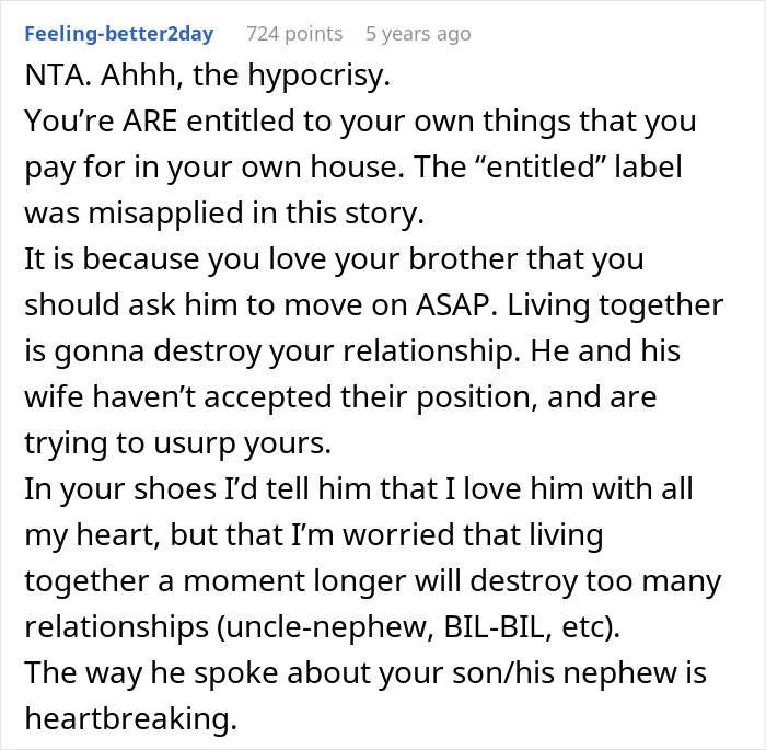 Comment discussing entitled behavior and family tension as a woman tries to help her brother and his wife in a shared living situation. Comment discussing entitled behavior and family tension as a woman tries to help her brother and his wife in a shared living situation.