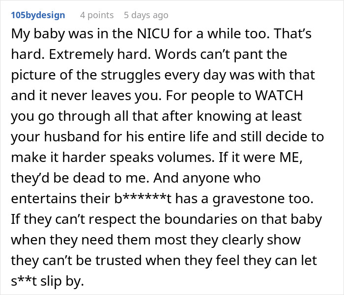 Comment discussing struggles with NICU and family conflict after premature birth, highlighting MIL refusing to believe situation. Comment discussing struggles with NICU and family conflict after premature birth, highlighting MIL refusing to believe situation.