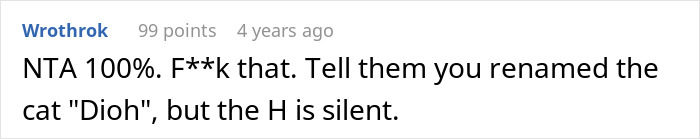 Screenshot of online forum comment disagreeing with sister demanding family rehomes or renames 11-year-old cat sharing name with her son. Screenshot of online forum comment disagreeing with sister demanding family rehomes or renames 11-year-old cat sharing name with her son.
