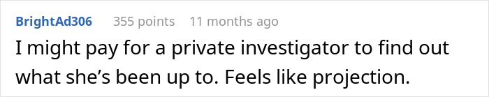 Screenshot of an online comment discussing suspicion and projection after a wife of 10 years leaves her husband.