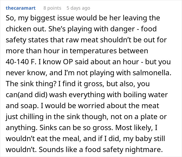 Comment discussing concerns about food safety and chicken preparation, highlighting risks of salmonella and improper handling.