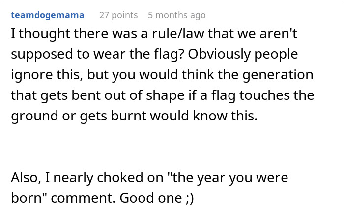 Screenshot of a social media comment discussing generational views on flag etiquette and a witty remark about birth years.
