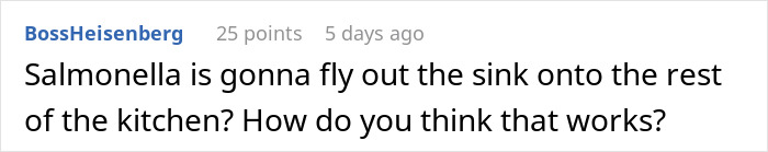 Comment discussing concerns about salmonella risk spreading in the kitchen from improper chicken preparation by MIL.