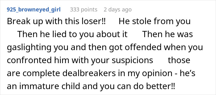 Screenshot of a Reddit comment advising to break up with a boyfriend who stole and gaslighted about Christmas gifts.