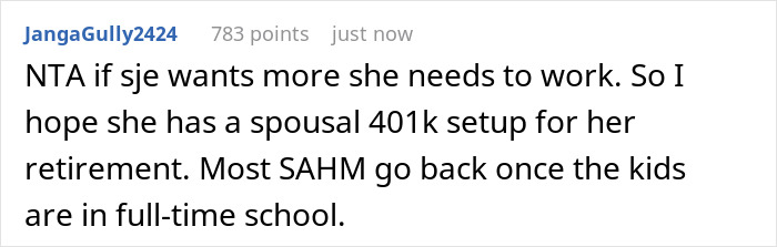 Comment discussing SAHM feeling poor despite receiving 1K per month as fun money from husband.