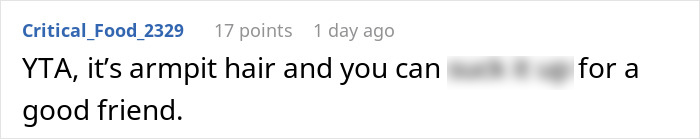 Reddit comment discussing guests&rsquo; discomfort over a woman&rsquo;s hairy armpits viewed as a personal insult by bride and groom.