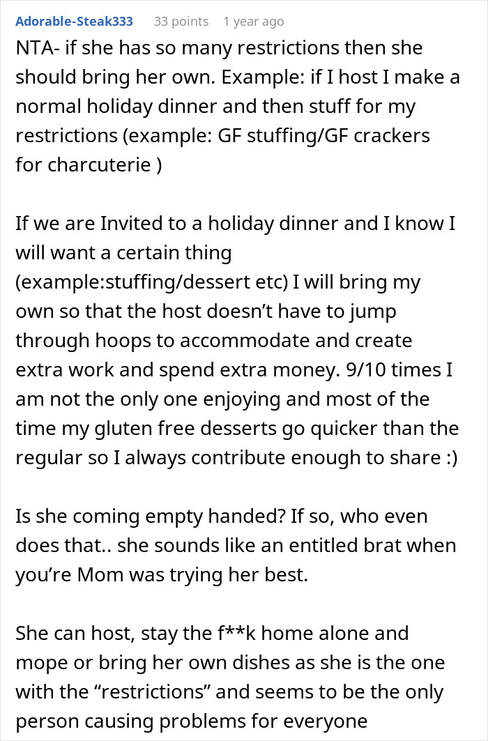 Reddit comment discussing family allergy restrictions and expectations, highlighting a reality check on catering to allergies.