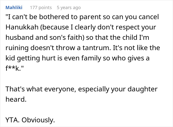 Screenshot of a forum post where a user criticizes a dad demanding family skips Hanukkah gifts due to his son's tantrum.
