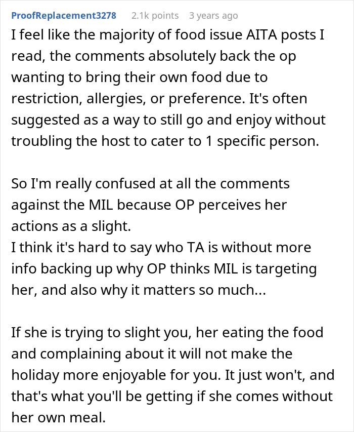 Commenter discussing picky-eater MIL wanting to bring own food to Thanksgiving and the DIL feeling insulted by it. Commenter discussing picky-eater MIL wanting to bring own food to Thanksgiving and the DIL feeling insulted by it.