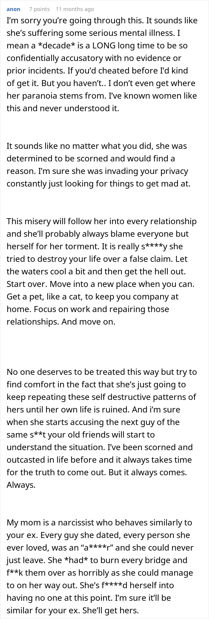 Comment discussing wife of 10 years ruining husband&rsquo;s reputation with false cheating accusations and relationship advice