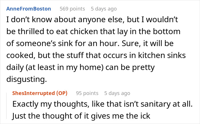 User discussing losing appetite after seeing how mother-in-law prepares chicken in an unsanitary kitchen sink.