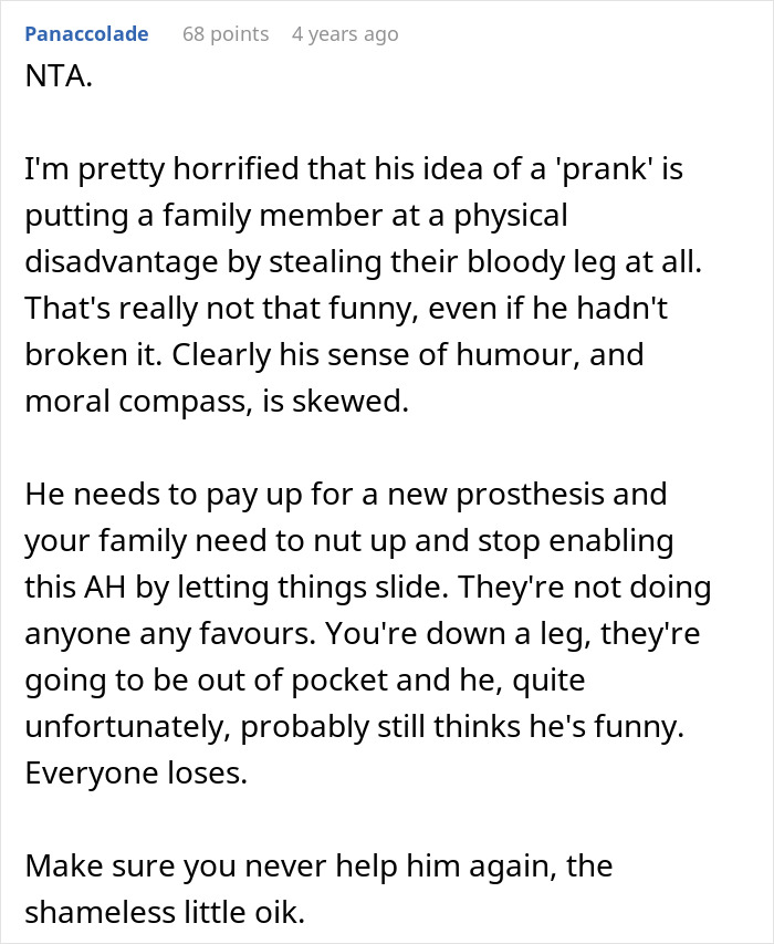 Reddit comment discussing man demanding cousin pay for cruel prank causing physical harm and family reactions.