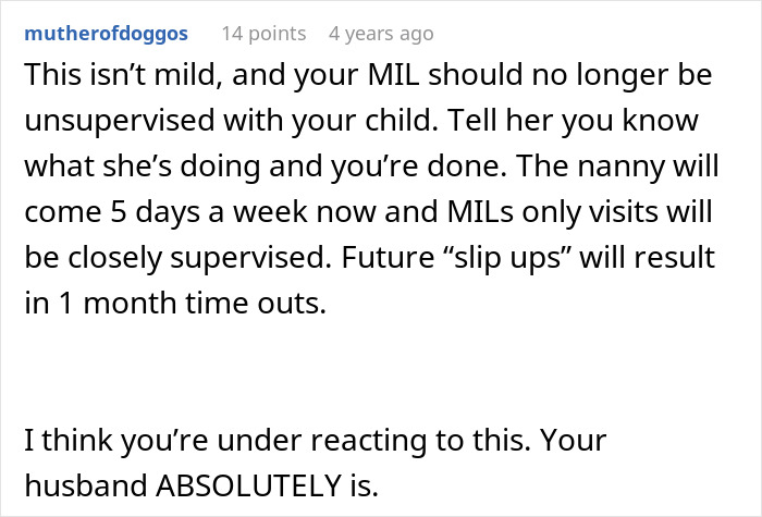 Comment from a mother discussing mil-teach-toddler-mama-mother-first-name issues with MIL supervision and nanny visits.