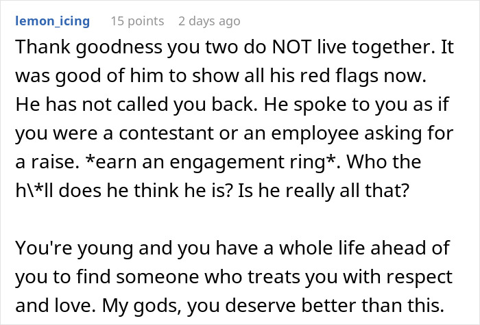 Comment discussing a man telling his girlfriend she must earn an engagement ring, highlighting relationship drama. Comment discussing a man telling his girlfriend she must earn an engagement ring, highlighting relationship drama.