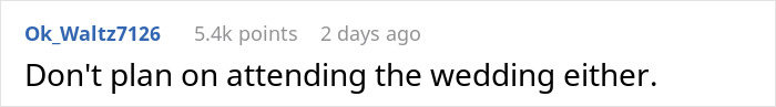 User comment text displayed on a white background about not planning to attend the wedding, related to wedding dress shopping and friendship issues. User comment text displayed on a white background about not planning to attend the wedding, related to wedding dress shopping and friendship issues.