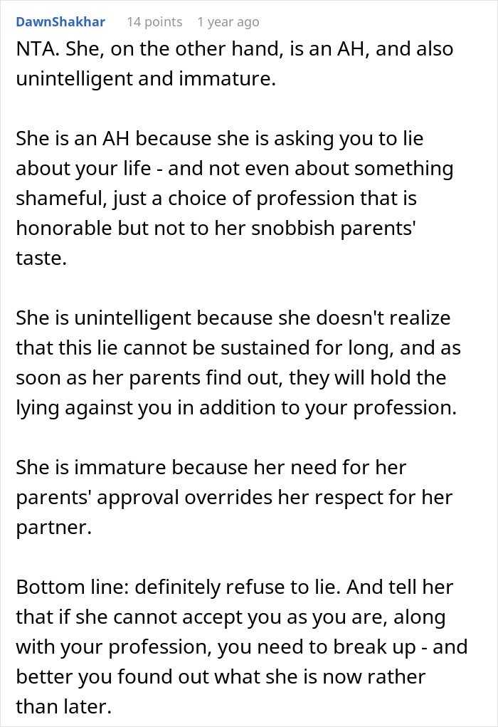 Comment explaining why his girlfriend pressures him to lie about his career, questioning if their relationship is doomed.