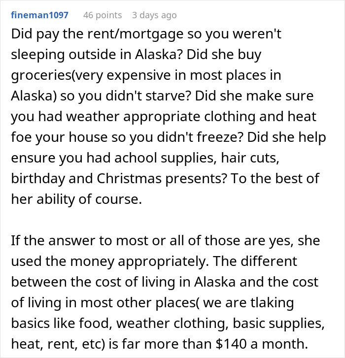 Comment discussing how a mom's vague answers about a teen's $30k relate to expenses like rent and groceries.