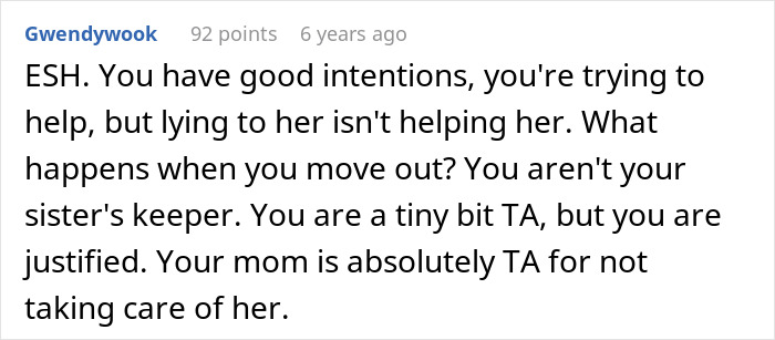 Comment text about sister sneaking veggies into meals to protect teen’s health and mom guilt-tripping her for lying. Comment text about sister sneaking veggies into meals to protect teen’s health and mom guilt-tripping her for lying.