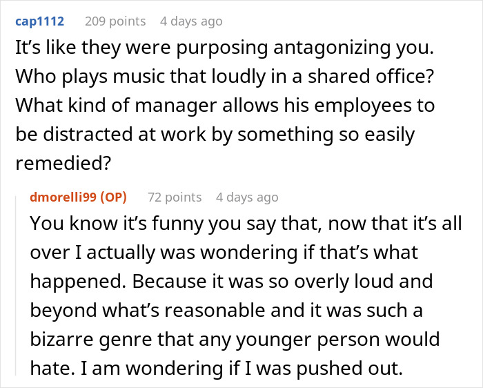 Conversation about man refusing to stop blasting Christmas music in the office causing coworker to rage quit. Conversation about man refusing to stop blasting Christmas music in the office causing coworker to rage quit.