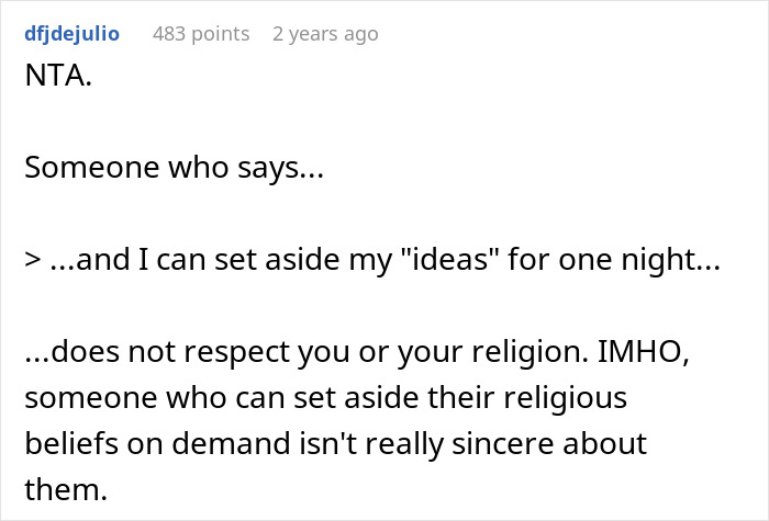 Text comment discussing respect for religion and sincerity of beliefs related to Muslim daughter-in-law and family conflict over bridal party attire.