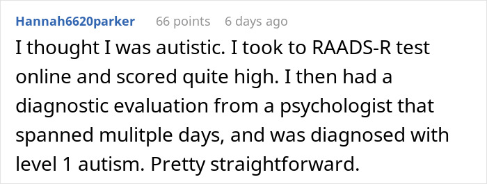 Screenshot of a Reddit comment discussing self-diagnosed autism and a psychologist&rsquo;s formal diagnosis of level 1 autism.