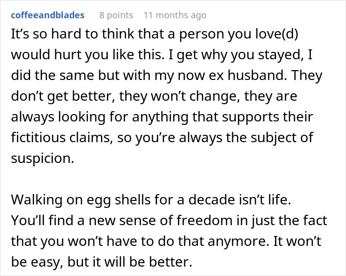 Screenshot of a comment discussing pain and freedom after leaving a husband in a toxic relationship of 10 years.