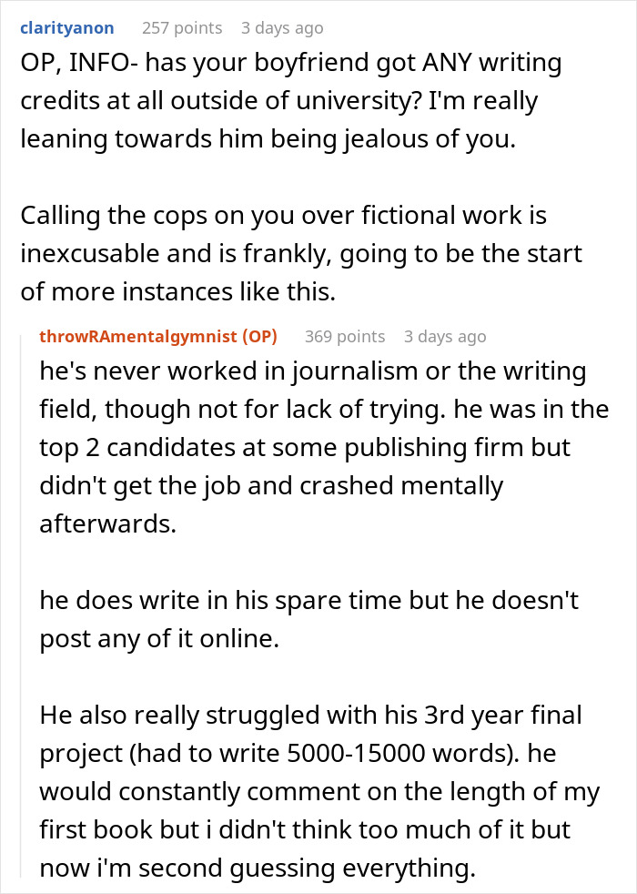 Reddit conversation where a woman seeks advice after her boyfriend calls the police over the contents of her novel.