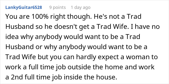 Commenter discussing toxic man venting about traditional wives and criticizing his flawed logic in an online forum.