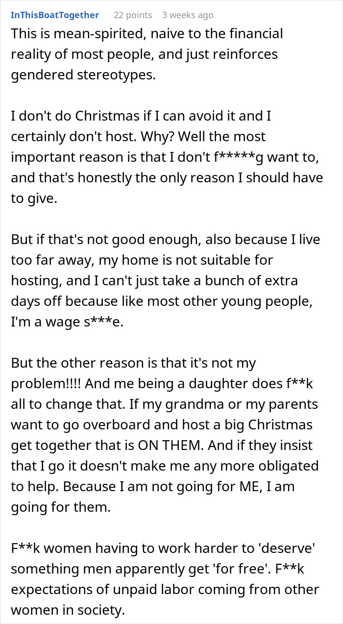 Comment discussing feminism and unpaid labor, criticizing adults who leave moms to do all the work during Christmas.