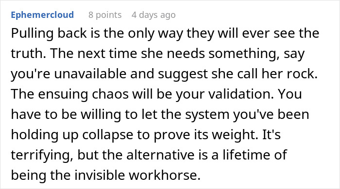 Comment discussing how a woman is blind to her daughter's efforts while focused on flowers from her son.