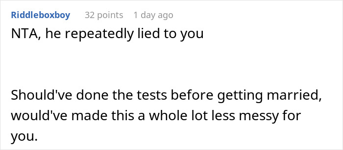 Reddit comment about a woman confronting her husband who lied, risking their future child’s health in a relationship conflict. Reddit comment about a woman confronting her husband who lied, risking their future child’s health in a relationship conflict.