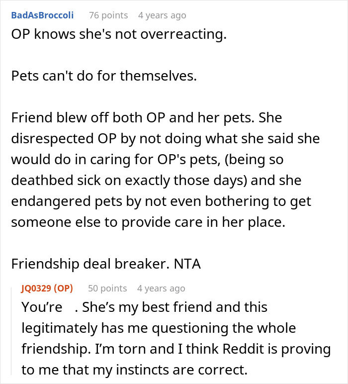 Reddit comment thread discussing bestie entrusted with bunny care who goes missing and neglects pets during vacation.