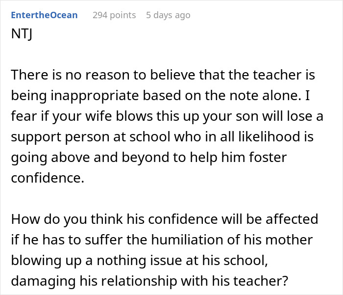 Screenshot of a forum comment debating a mom furious over teacher's inappropriate note and a dad thinking she&rsquo;s overreacting.