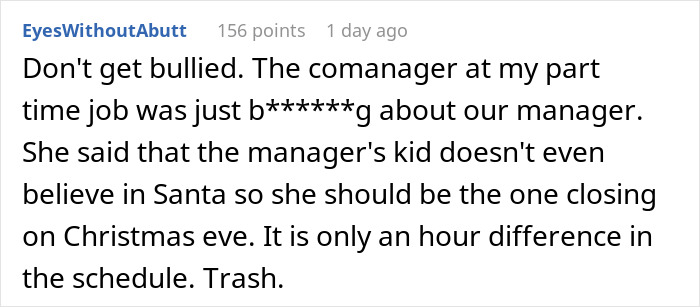 Comment about woman feeling entitled to Christmas day off because of kids, discussing work schedule dispute.