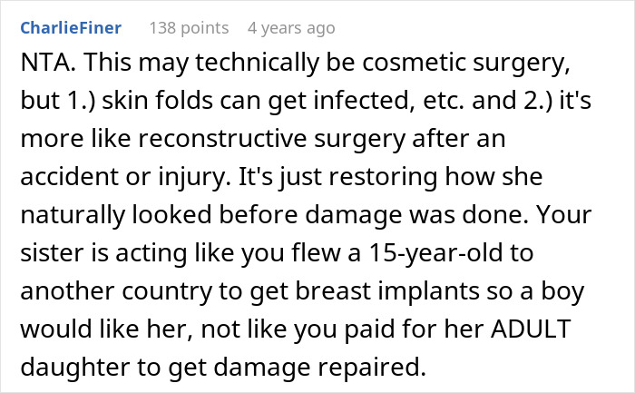 Reddit comment explaining the aunt pay niece tummy tuck drama as reconstructive surgery rather than cosmetic.