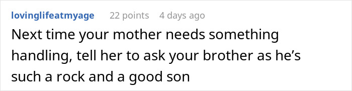 Text conversation showing a comment about a woman being blinded by flowers from her son while her daughter does a lot for her.