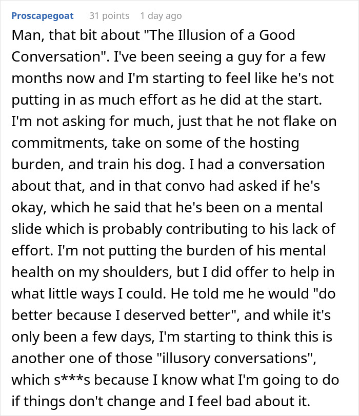 Single woman reflects on the pattern men in relationships follow and the effort they put in over time.