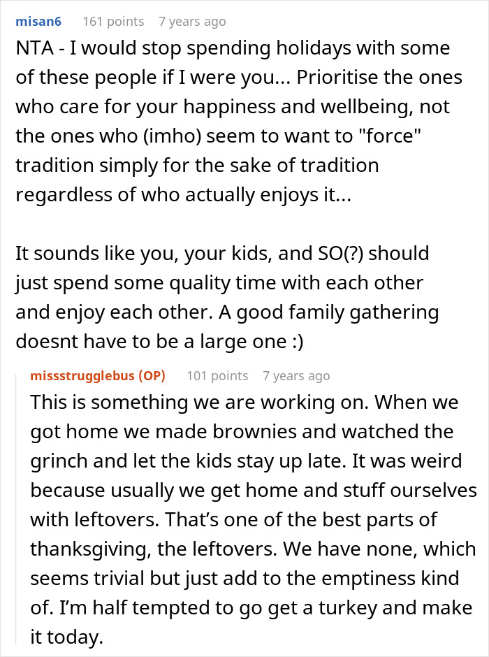 Screenshot of a Reddit conversation discussing a woman feeling like she ruined Thanksgiving after a family dinner conflict. Screenshot of a Reddit conversation discussing a woman feeling like she ruined Thanksgiving after a family dinner conflict.