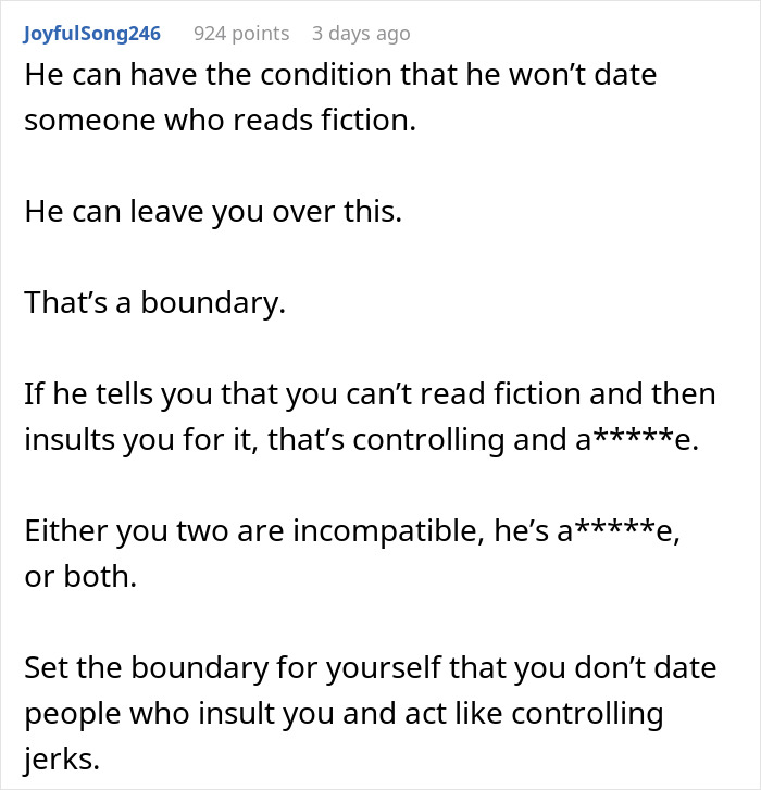 Alt text: Man shaming girlfriend for loving fiction and calling it make-believe that lowers her IQ in a text post. Alt text: Man shaming girlfriend for loving fiction and calling it make-believe that lowers her IQ in a text post.
