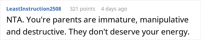 Text screenshot of a user comment criticizing manipulative and immature parents in a family conflict about a small wedding plan. Text screenshot of a user comment criticizing manipulative and immature parents in a family conflict about a small wedding plan.