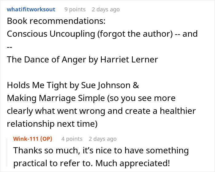 Screenshot of a forum post recommending books about conscious uncoupling, marriage, and relationship improvement.