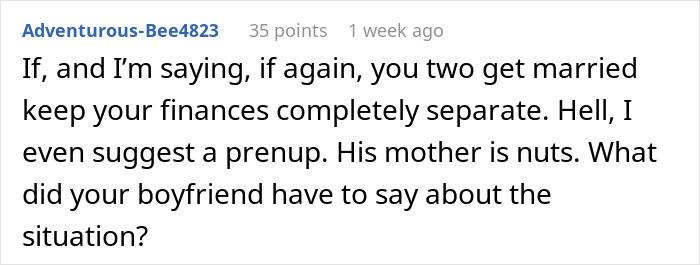 Comment discussing the entitled mother wanting expenses split between son and his girlfriend, suggesting a prenup.